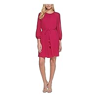 Vince Camuto Womens Pink Tie Zippered Gathered Lined Blouson Sleeve Jewel Neck Above The Knee Wear to Work Sheath Dress Petites 6P