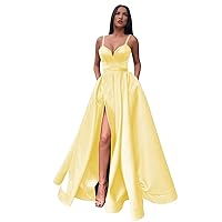 Women's Satin Prom Dresses Long Ball Gown V Neck High Slit Ruched Corset Formal Party Dress with Pockets