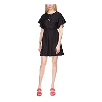 Michael Kors Womens Black Ruffled Lace-up Elastic Waist Lined Flutter Sleeve Crew Neck Mini Fit + Flare Dress L