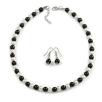Avalaya 8mm Black/White Glass Bead Necklace and Drop Earrings Set - 40cm L/ 3cm Ext