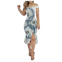 Summer Dresses for Women Bow Square Neck Bell Sleeve Sheath Sundress Cutout Side Slit Floral Lace Maxi Dress