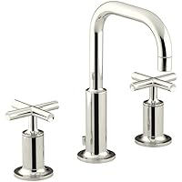 KOHLER K-14406-3-SN Purist Bathroom Sink Faucet, Widespread Sink Faucet with Pop-Up Drain, Low Gooseneck Spout and Cross Handles, 1.2 GPM, Vibrant Polished Nickel