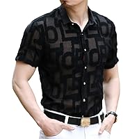 Party Transparent Geometric Dress Shirt for Men, Spring Summer Short Sleeve PlNight Club Shirt Slim Fit