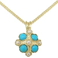LBG 9ct Yellow Gold Cultured Pearl & Turquoise Womens Vintage Pendant & Chain Necklace - Choice of Chain lengths