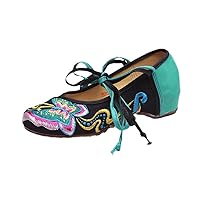 Autumn Women Ankle Strap Retro Pumps Round Toe Ladies Dancing Shoe Lace-Up Vintage Floral Embroidered Shoes Black and EN8 4.5