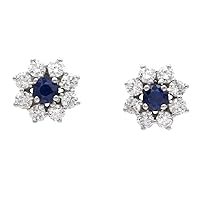 1/2 CT Round Cubic Zirconia & Created Blue Sapphire Flower Stud Earrings 14k White Gold Finish