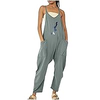 Casual Jumpsuit for Women Sleeveless Romper Feather Print Graphic Wide Leg Pants Baggy Overalls with Big Pockets