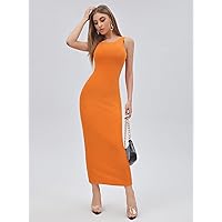 Dresses for Women Solid Form Fitted Dress (Color : Orange, Size : Large)