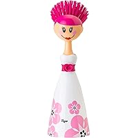 Dolls April Dish Brush with Ergonomic Handle and Dres-Shaped Storage Holder - Scrub Brush for Pans, Pots, Kitchen Sink Cleaning, White, Pink