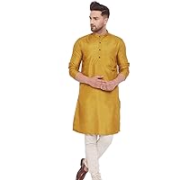 pakistani Men's Shirt Silk Kurta Wedding Wear Casual Tunic Gold Color With White Pajama Pants Set Big Tall