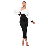 Dresses for Women Two Tone Ruched Detail Split Back Bodycon Dress (Color : Black and White, Size : X-Large)