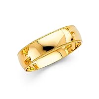Wedding Band Solid 14k Yellow Gold Ring Milgrain Edges Plain Dome High Polished Style 6 mm Size 9