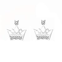 14K White Gold Plated Princess Crown Cz Earrings Stud Style Birthday Event Fashion Jewelry