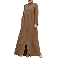 IBTOM CASTLE Prayer Dress for Women Muslim Abaya Long Sleeve Zip Up Robe Kaftan Dubai Islamic Dress Eid Ramadan Pocket Thobe