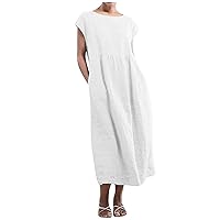 Women Cotton Linen Elegant Plain Maxi Dress Summer Lounge Loose Fit Vintage Cap Sleeve Round Neck A-Line Dresses