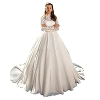 Elegant Water Soluble Lace Long Sleeve Wedding Dresses High Neck Satin Dress for Bride Beaded Belt Gown