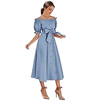 Fall Dresses for Women 2023 Off Shoulder Ruffle Trim Single Breasted Self Belted Dress Dresses for Women (Color : Dusty Blue, Size : Large)