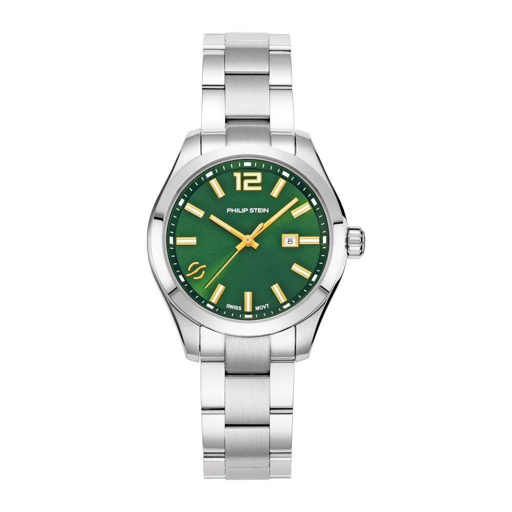 Philip Stein Analog Display Wrist Swiss Quartz Traveler Ladies Smart Watch Stainless Steel Silver Clasp Chain with Green Dial Natural Frequency Technology Provides More Energy - Model 91-CGRNG-SS
