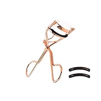 Professional Makeup Tool for Eyelashes with 2 Replacement Silicone Refill Pads Pinch Pain Free Metal Eyelash Curler 1PC, Golden Color