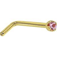 Body Candy Solid 18k Yellow Gold 1.5mm Genuine Pink Sapphire L Shaped Nose Stud Ring 20 Gauge 1/4