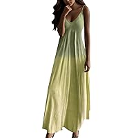 Women's Summer Dresses Spaghetti Strap Long Dress Plus Size Casual V Neck Gradient Print Sundress Beach Vacation Maxi Dresses
