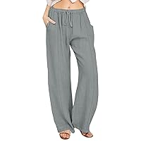 Womens Linen Trousers,Summer Boho Palazzo Pants Wide Leg High Waisted Drawstring Loose Lounge Long Pant with Pockets