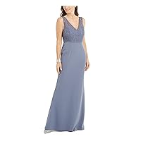 Adrianna Papell Womens Light Blue Lace Zippered Illusion Gown Sleeveless V Neck Full-Length Evening Dress 4