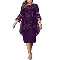 Ladies Flowy Ruffles Bell Sleeves Lace Embroidery Dress Gown Party Dress Lace Stitching Plus Size Slim Loose
