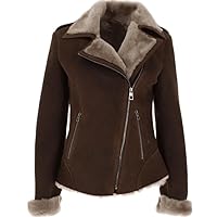 Women's Genuine Brown Sheep Suede Leather Jacket Vintage Faux Fur Classic Fashion Zipper Coat
