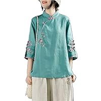 Chinese Style Retro Cotton and Women Spring Summer Stand-up Collar Button Blouse Embroidered Tea