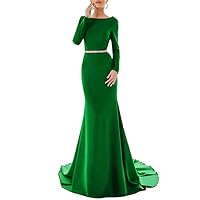 Women's Satin Long Sleeve Mermaid Prom Dress Jewel Neck Evening Dresses with Belt Beads Green