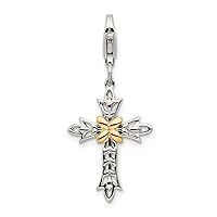 Sterling Silver & 14K Yellow Gold 3-D Cross w/Lobster Clasp Charm