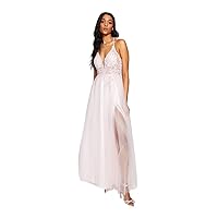 Blondie Nites Womens Pink Mesh Embroidered Embellished Zippered Slitted Lined Gauzy Halter Full-Length Evening Gown Dress Juniors 13