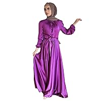 Solid Satin Evening Party Gown with Sashes Lantern Sleeve Muslim Dresses Turkish Kaftan for Women