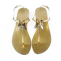 Summer Women Beach Low Heel Sandals Lady Rhinestones Boho T-Strap Flops Diamond Slipper Plus Size Gold 6.5