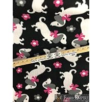 Fleece Fabric Printed Anti Pill Dachshund Puppy Floral Black Background
