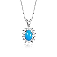 Sterling Silver Halo Pendant Necklace: 6X4MM Turquoise & Sparkling Diamonds - 18
