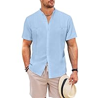 JMIERR Men's Linen Cuban Shirts Short Sleeve Guayabera Shirts Casual Button Down Band Collar Beach Tops with Pockets