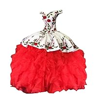 Off Shoulder Ball Gown Ruffled Skirt Quinceanera Dresses Red Flower Embroidered Prom Formal Dress