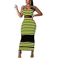 Sexy Stripe Bodycon Dress for Women - Sleeveless Tank Sheer Mesh See Through Summer Beach Long Maxi Pencil Dress