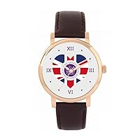 Queen's Platinum Jubilee Union Jack Heart Watch 2022 for Women, Analogue Display, Japanese Quartz Movement Watch with Brown Leather Strap, Custom Made
