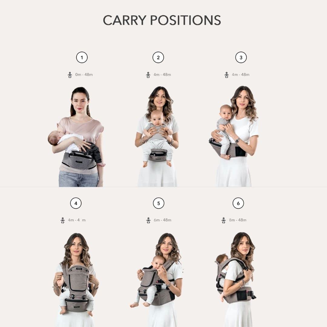 MiaMily Hip Seat Baby Carrier - 6 Carry Positions - Newborn to Toddler - Lumbar Support - Stone Grey
