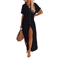 Women's Short Sleeve Button Down Side Slit Maxi Long Swimsuit Cover Up Blouse Dress with Belt