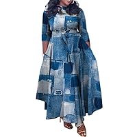 Women's Long Sleeve V Neck Long Maxi Dress Loose African Floral Print A Line Skirt Dresses Plus Size with Belt