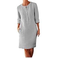 Women Summer Dresses, Plus Size Cotton Linen Round Neck Buttons Dress with Pockets, 2024 Elegant Long Sleeve Casual