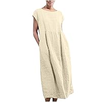 Women Summer Cotton Linen Midi Dress Cap Sleeve Crew Neck Plus Size Loose Baggy Kaftan Long Dress with Pockets