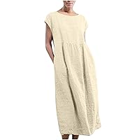 Plus Size Womens Cotton Linen Basic A-Line Dresses Summer Cap Sleeve Crew Neck Casual Loose High Waist Maxi Dress