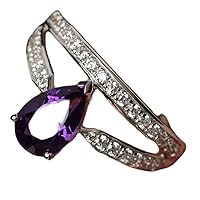Solid 925 Sterling Silver & Natural Amethyst 6x9mm Pear Shape Fine Step Cut February Birthstone Engagement Ring for Men & Women. (Choose Your Size) |LW_GSR_0433