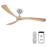 Ceiling Fan with Wooden Blades without Lighting, Includes Remote Control (6 Speeds), IP44 Waterproof, Energy-Saving, DC Motor, Super Quiet, Suitable for Summer and Winter, 183 cm, Natural & Silver