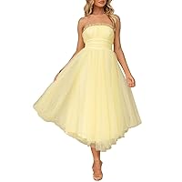 Women Strapless Tea Length Tulle Dress Prom Flowy Aline Mesh Midi Dress Princess Elegant Dresses Homecoming